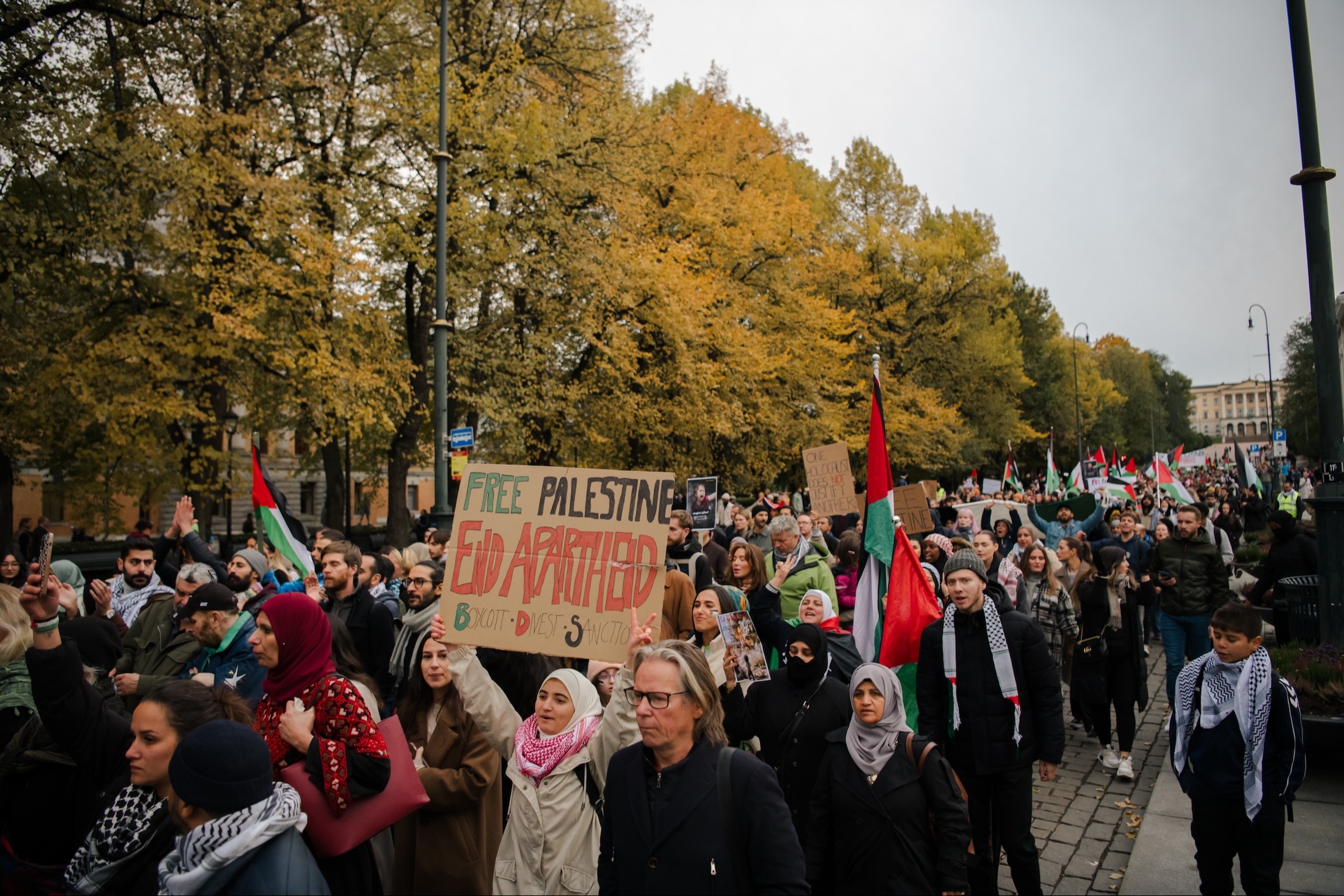 En plakat fra en demonstrasjon hvor det står Free Palestine, End Apartheid. 