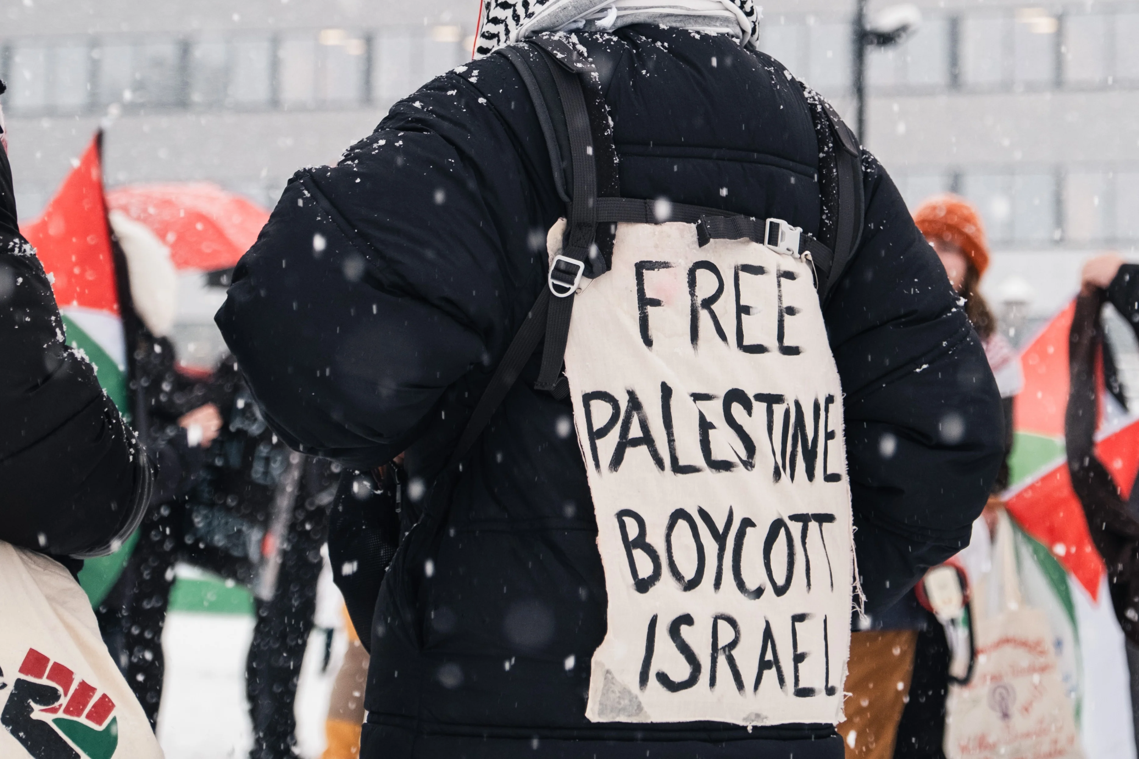 Demonstrasjon i Kongsberg, plakat med "Free Palestine, Boycott Israel".