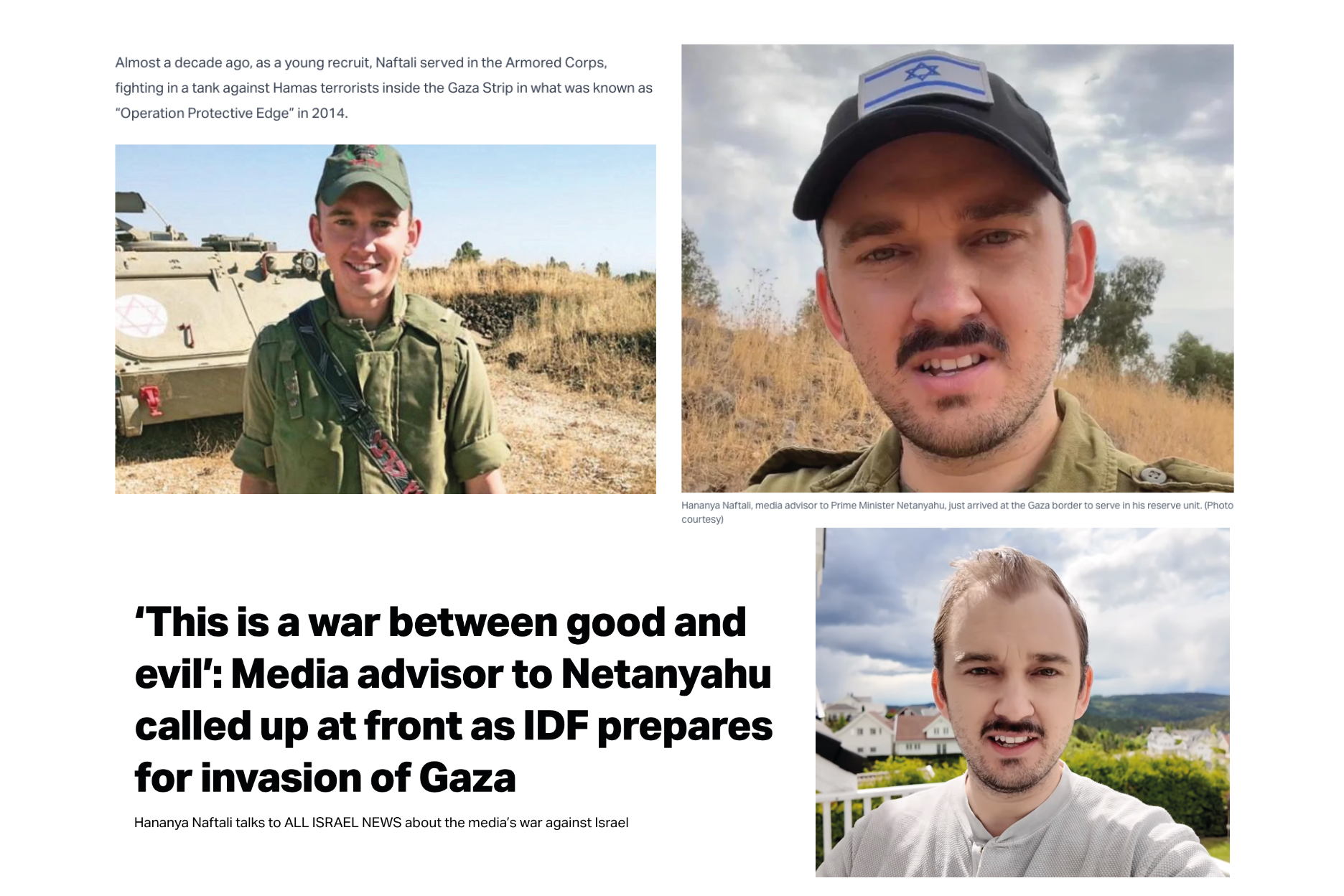 Skjermdumper av bilder som viser Naftali i IDF-uniform
